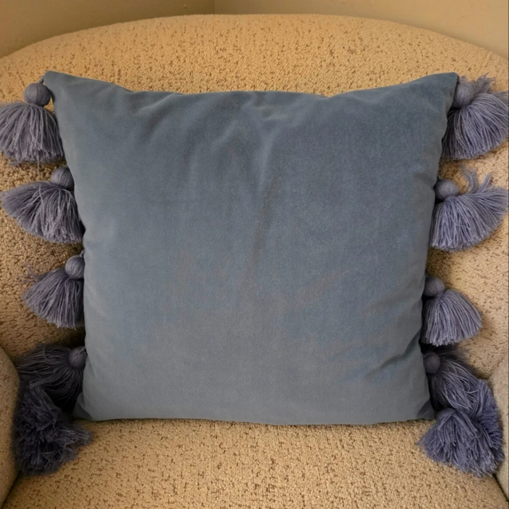 Velvet throw pillow cornhysk bluebwith tassels. Insert is sewn in. 18-20